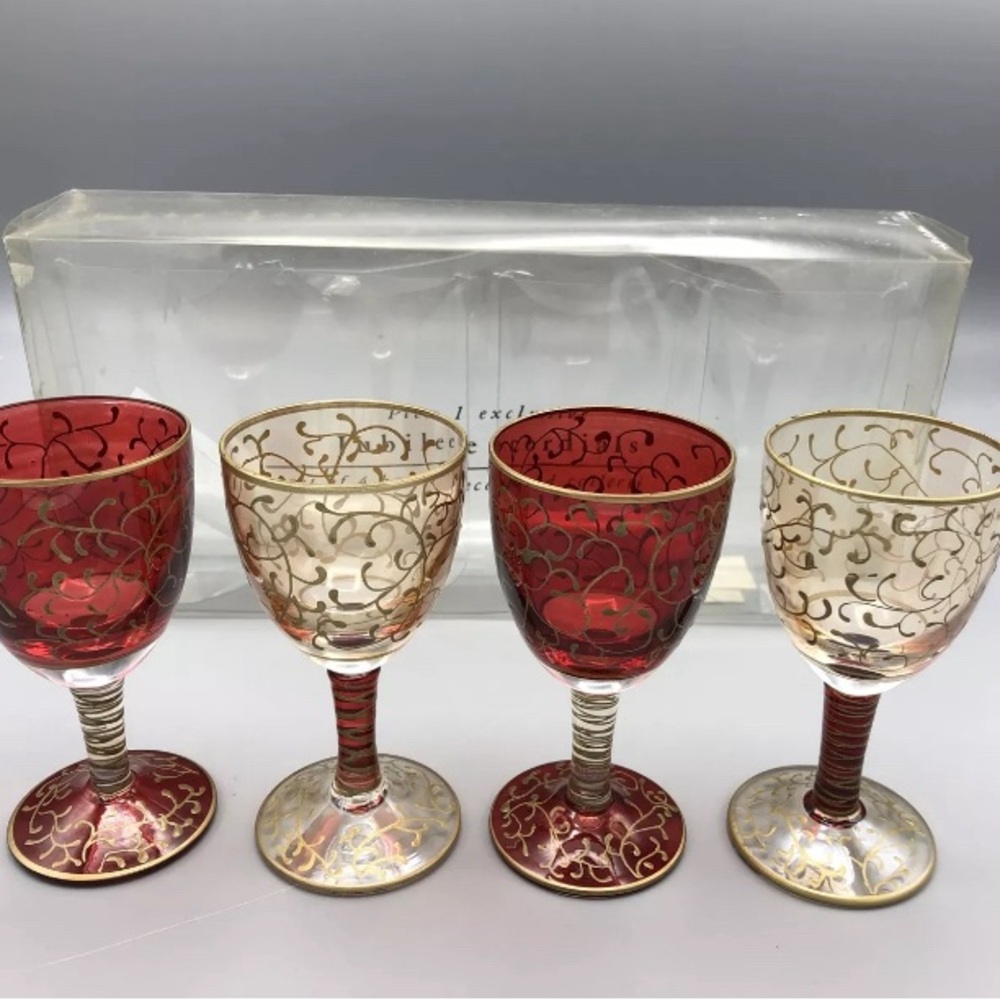 Pier 1 Imports Jubilee Cordial Goblet Mouth Blown Hand Decorated 4" Set of 4